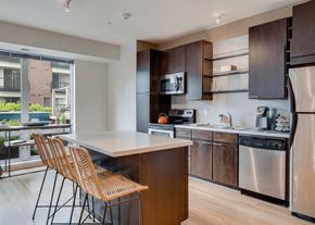 Minneapolis apartment for rent - A contemporary kitchen here at Blue and Lime featuring dark wood cabinetry, a large center island with seating, and light wood flooring that brightens the space. Stainless steel appliances, open shelving, and a wide window overlooking greenery create a functional and inviting layout ideal for cooking, dining, and entertaining.