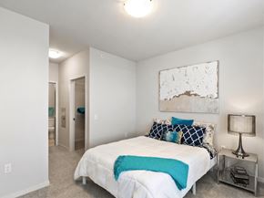 Minneapolis apartment for rent - A serene bedroom here at Blue and Lime featuring a comfortable bed dressed in white bedding with blue and teal accent pillows and a matching throw. Neutral walls, soft carpeting, and a modern bedside table with a lamp create a calm atmosphere, while the open layout connects to a nearby closet and bathroom area for everyday convenience.