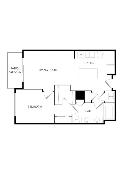 Floor plan for 1 bed, 1 bath, 880 sqft