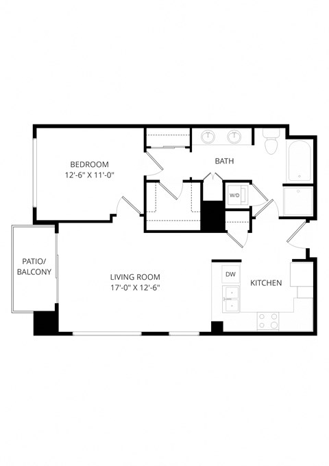 Floor plan for 1 bed, 1 bath, 802 sqft