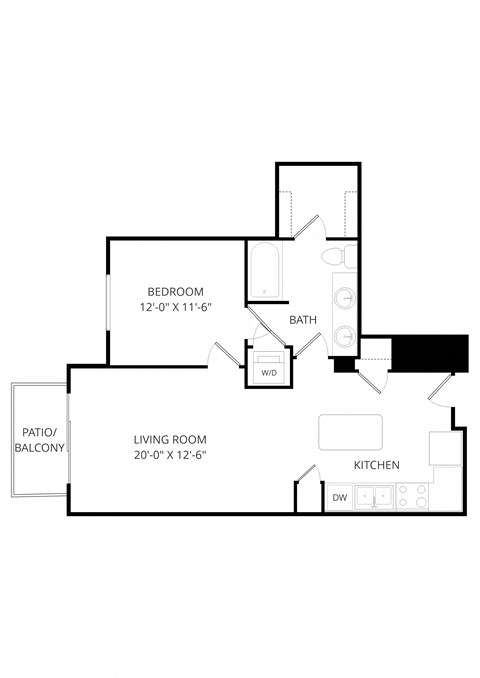 Floor plan for 1 bed, 1 bath, 785 sqft