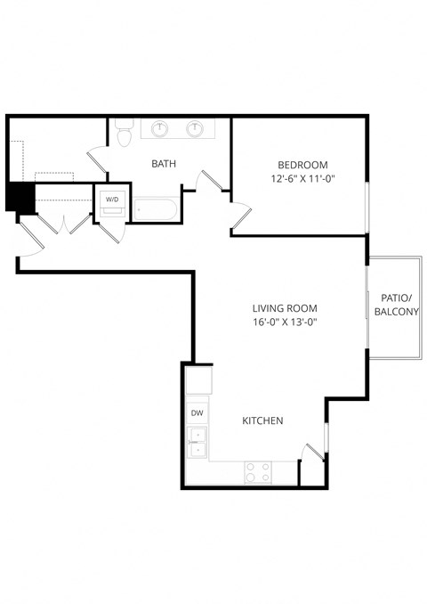 Floor plan for 1 bed, 1 bath, 853 sqft