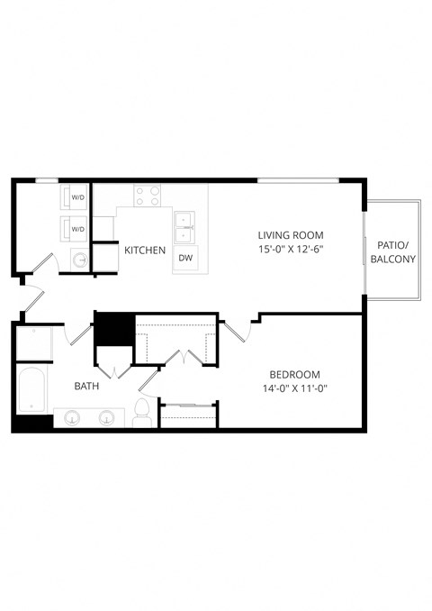 Floor plan for 1 bed, 1 bath, 877 sqft