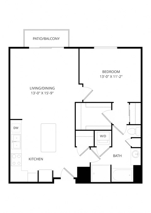 Floor plan for 1 bed, 1 bath, 825 sqft