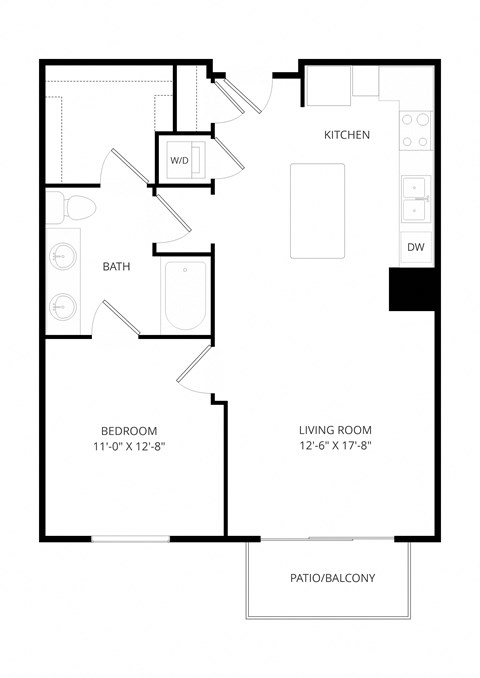 Floor plan for 1 bed, 1 bath, 772 sqft