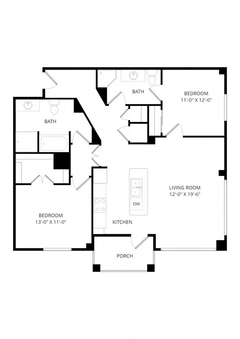 Floor plan for 2 beds, 2 baths, 1165 sqft