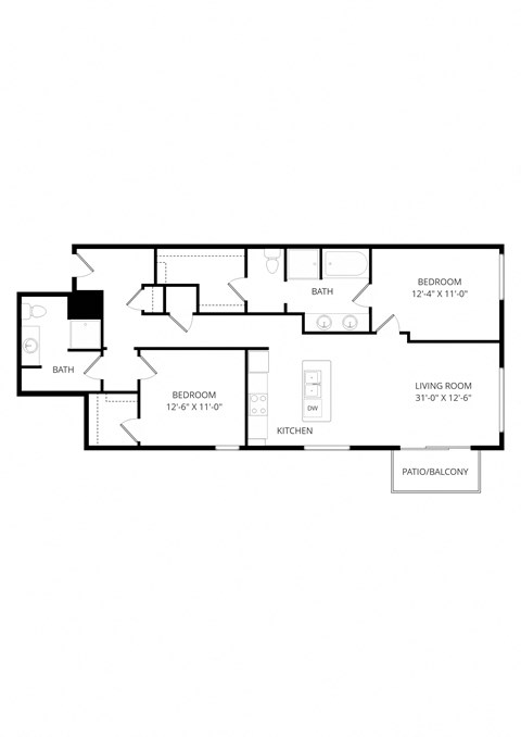Floor plan for 2 beds, 2 baths, 1240 sqft