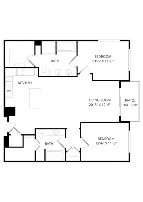 Floor plan for 2 beds, 2 baths, 1211 sqft