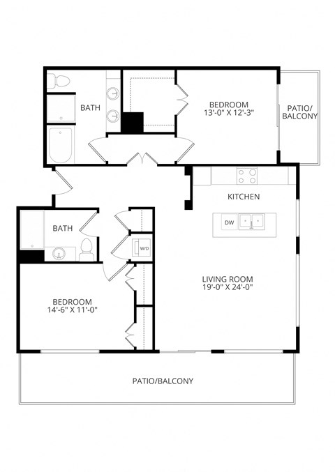 Floor plan for 2 beds, 2 baths, 1317 sqft
