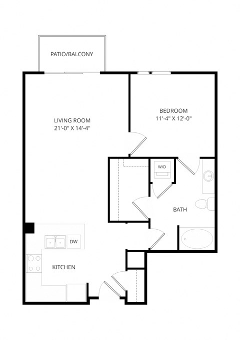 Floor plan for 1 bed, 1 bath, 858 sqft