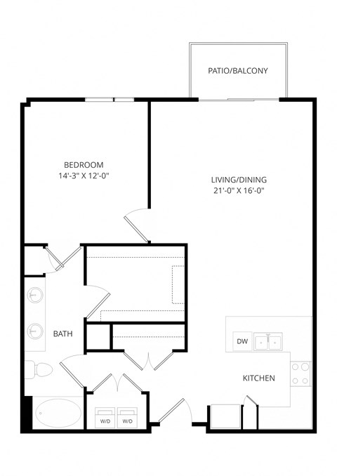 Floor plan for 1 bed, 1 bath, 992 sqft