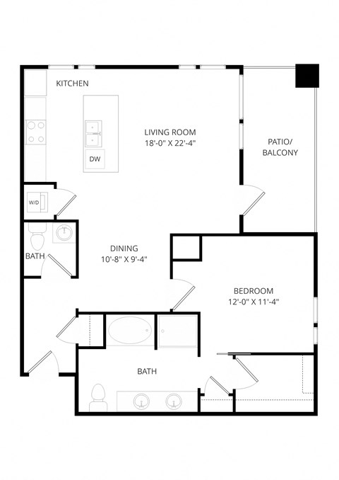 Floor plan for 1 bed, 1 bath, 991 sqft