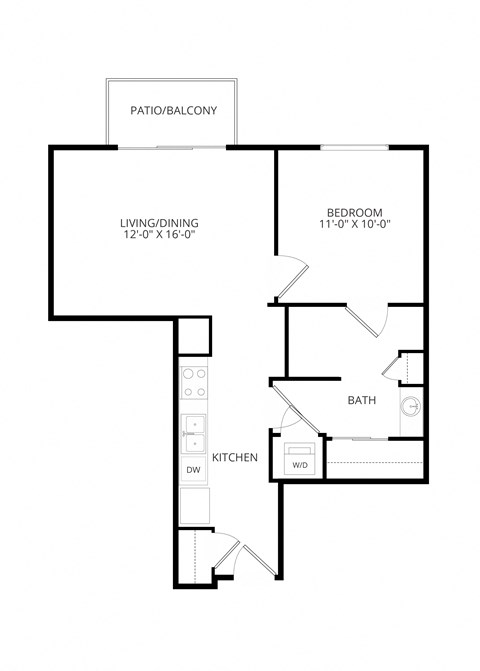 Floor plan for 1 bed, 1 bath, 659 sqft