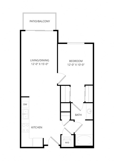 Floor plan for 1 bed, 1 bath, 649 sqft