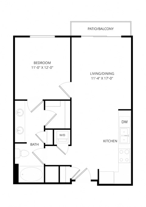 Floor plan for 1 bed, 1 bath, 728 sqft