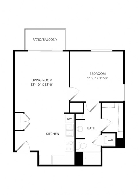 Floor plan for 1 bed, 1 bath, 678 sqft