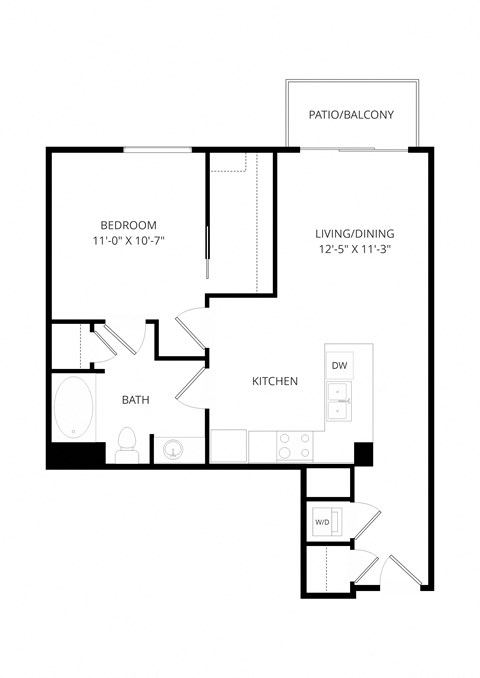 Floor plan for 1 bed, 1 bath, 739 sqft
