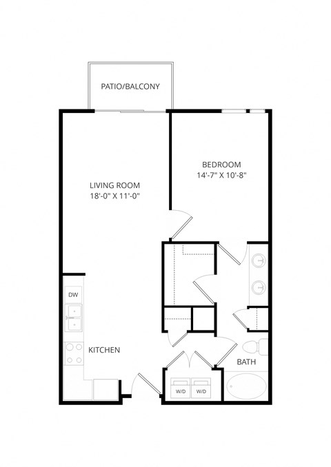 Floor plan for 1 bed, 1 bath, 797 sqft