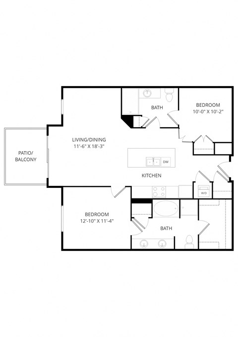 Floor plan for 2 beds, 2 baths, 1023 sqft