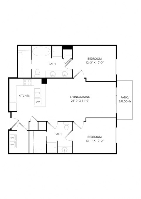 Floor plan for 2 beds, 2 baths, 1165 sqft