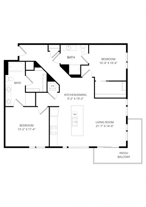 Floor plan for 2 beds, 2 baths, 1122 sqft