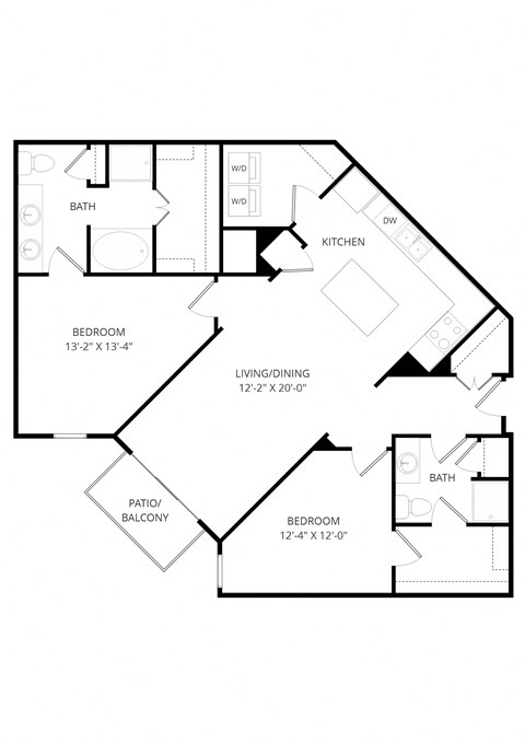 Floor plan for 2 beds, 2 baths, 1363 sqft