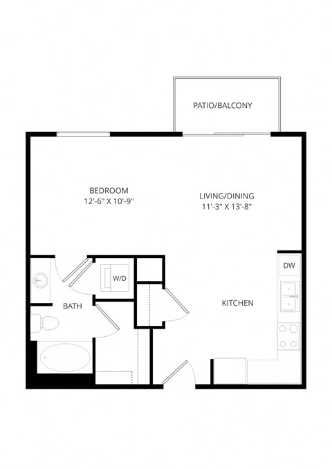 Floor plan for studio, 1 bath, 633 sqft