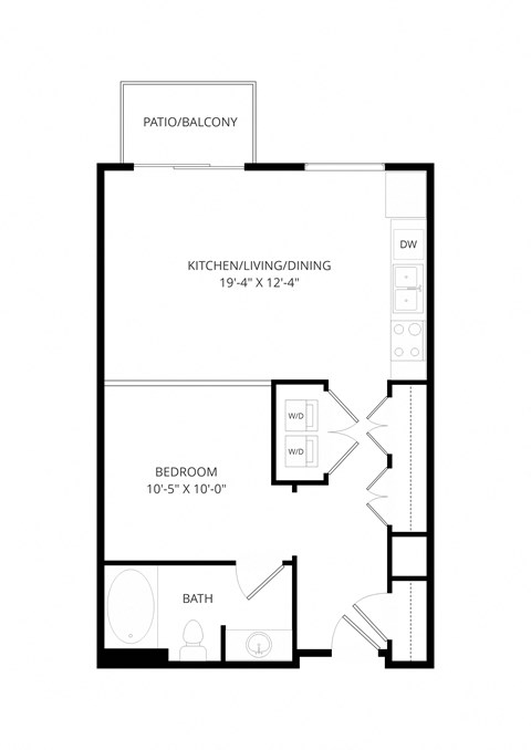 Floor plan for studio, 1 bath, 644 sqft