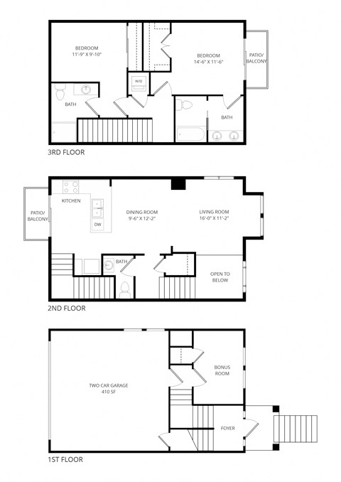 Floor plan for 2 beds, 2.5 baths, 1605 sqft