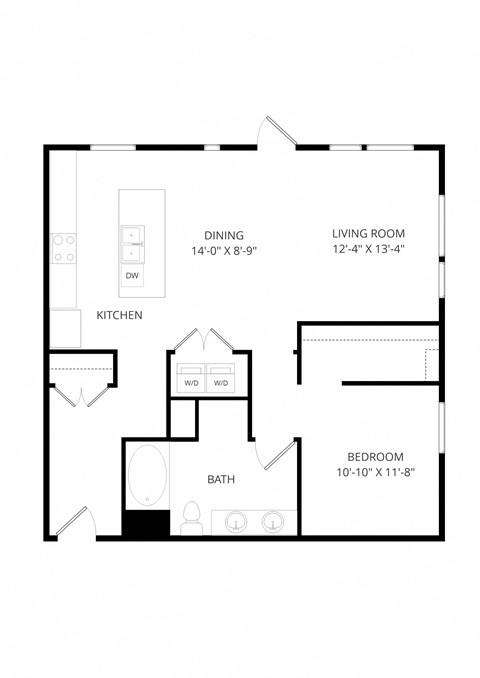Floor plan for 1 bed, 1 bath, 998 sqft