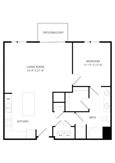 Floor plan for 1 bed, 1 bath, 989 sqft