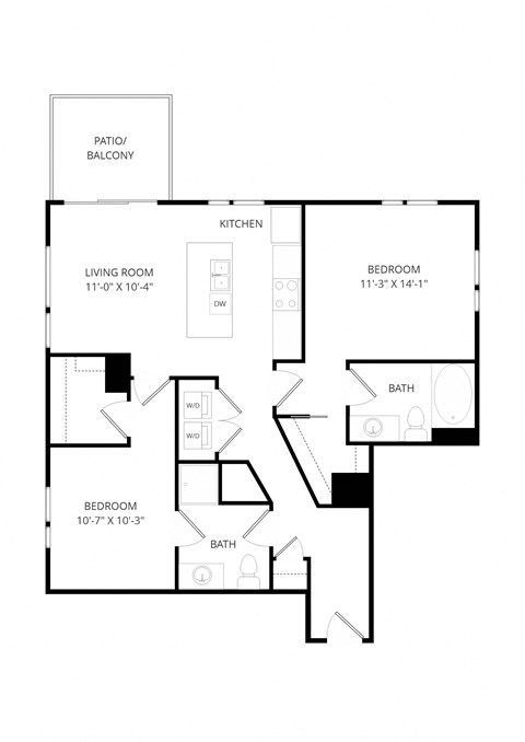 Floor plan for 2 beds, 2 baths, 1039 sqft