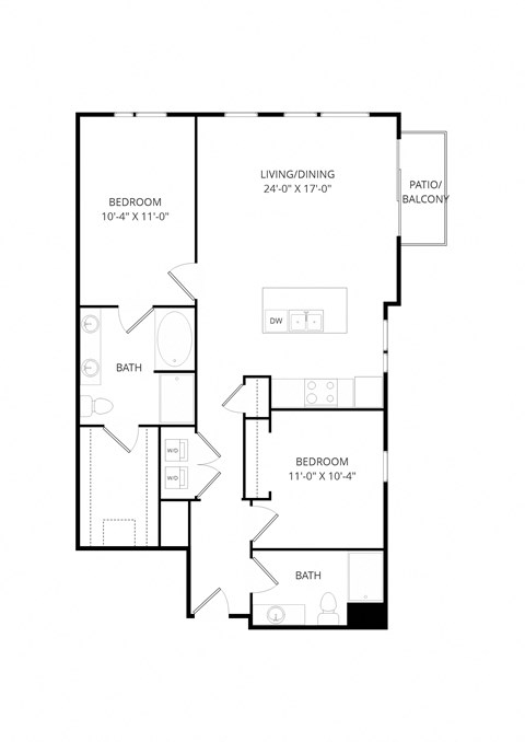 Floor plan for 2 beds, 2 baths, 1232 sqft