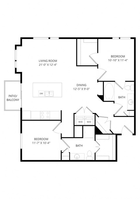 Floor plan for 2 beds, 2 baths, 1167 sqft