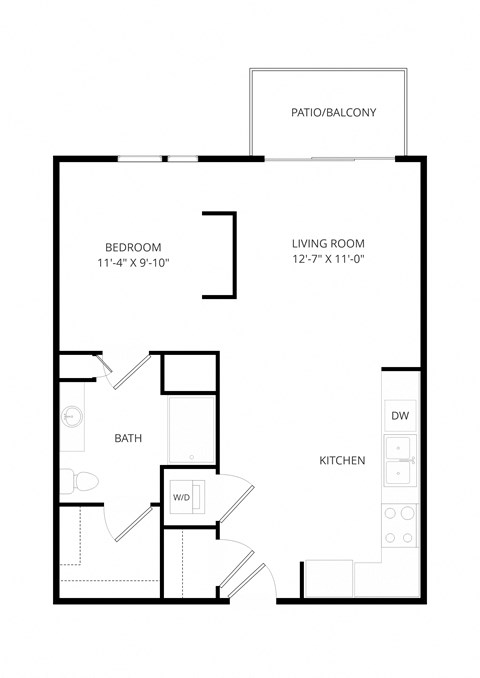Floor plan for studio, 1 bath, 645 sqft