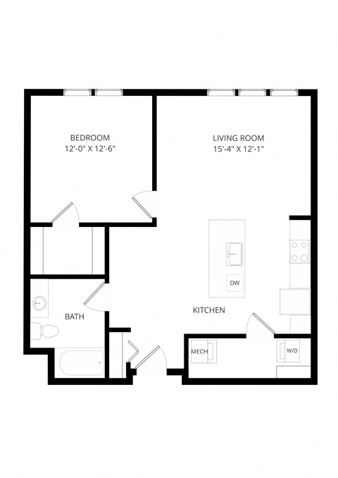 Floor plan for 1 bed, 1 bath, 793 sqft