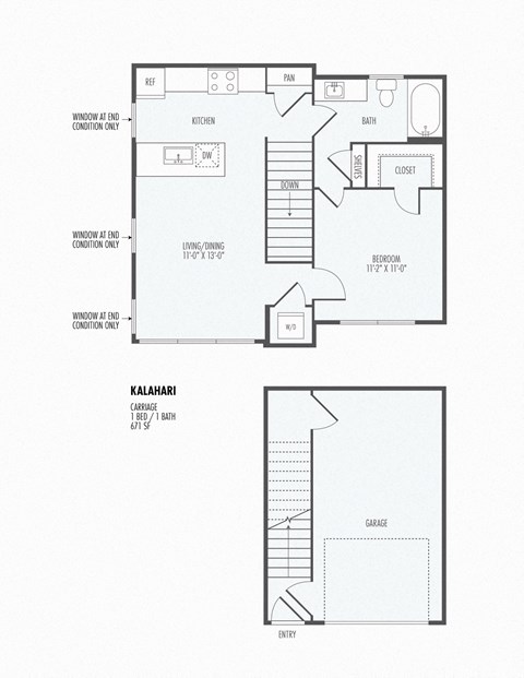 Floor plan for 1 bed, 1 bath, 671 sqft