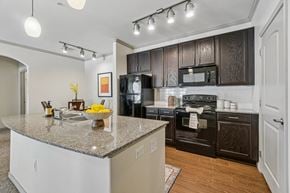 Oklahoma City apartment for rent - A kitchen with a granite countertop and black appliances.