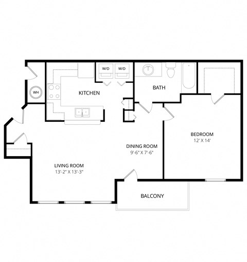 Floor plan for 1 bed, 1 bath, 777 sqft