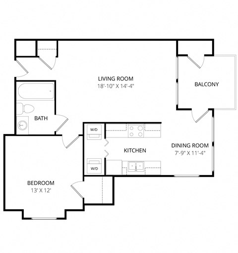 Floor plan for 1 bed, 1 bath, 813 sqft