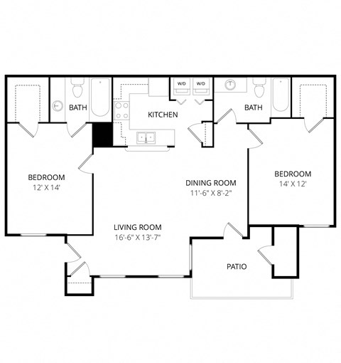 Floor plan for 2 beds, 2 baths, 1129 sqft