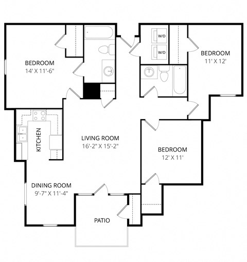Floor plan for 3 beds, 2 baths, 1316 sqft