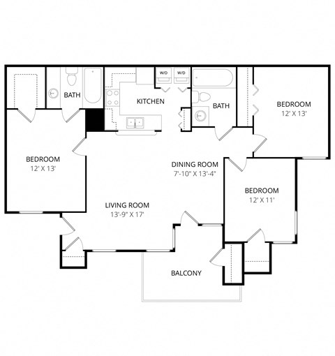 Floor plan for 3 beds, 2 baths, 1314 sqft