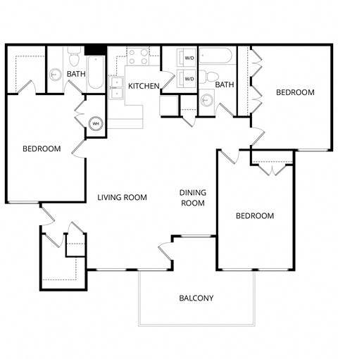 Floor plan for 3 beds, 2 baths, 1316 sqft