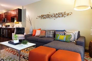 Minneapolis apartment for rent - A living room with a grey couch and orange ottoman.