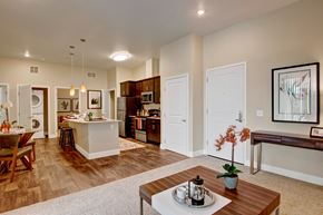 St. Louis Park apartment for rent - A bright open-concept living space here at 4800 Excelsior showcasing a carpeted seating area that flows into a modern kitchen with dark cabinetry, stainless appliances, and a central island with pendant lighting. Wood-style flooring defines the kitchen and dining areas, while neutral walls, framed artwork, and thoughtful decor create a warm, cohesive apartment layout.