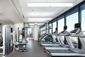 Minneapolis apartment for rent - A bright fitness center here at 4Marq featuring rows of modern treadmills and stair machines positioned along expansive floor-to-ceiling windows with city views. Strength training equipment, open walkways, and sleek lighting create a spacious, clean, and motivating environment designed for a full range of workout routines.