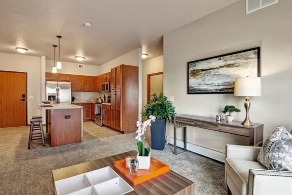 Sartell apartment for rent - A living room here at Club at Heritage featuring an open layout with a warm-toned kitchen, wood cabinetry, stainless steel appliances, and a cozy seating area with a neutral armchair, console table, and decorative greenery.