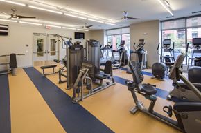 Minneapolis apartment for rent - A modern fitness center here at Inspire featuring a spacious layout with strength-training machines, free weights, and cardio equipment including treadmills and stationary bikes. Large windows provide natural light while ceiling fans and bright overhead lighting create an inviting environment designed for convenient daily workouts.