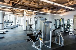 Minneapolis apartment for rent - A spacious fitness center here at LPM Apartments showcasing modern cardio machines, strength training equipment, and free weights arranged across rubber flooring, with exposed ceilings, bright overhead lighting, and large windows that create an open, energizing environment for daily workouts.
